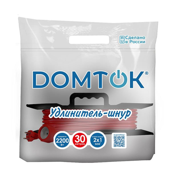 Удлинитель-шнур на рамке 1х30м без заземл. 10А IP20 2.2кВт ПВС 2х1 DOMTOK 2475