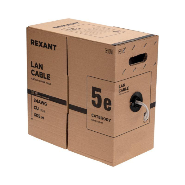 Кабель витая пара U/UTP, CAT 5e, PE, 4PR, 24AWG, OUTDOOR, SOLID, черный, 305м, РФ REXANT
