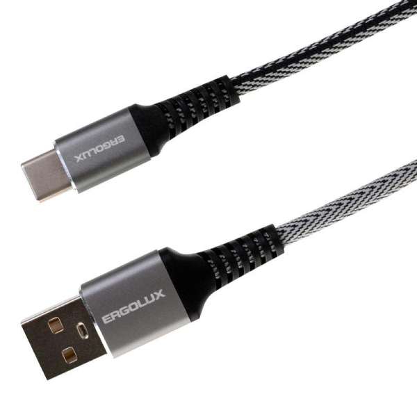 Кабель USB-Type C ELX-CDC08-C41 3А 1.2м черн./бел. ткань зарядка+ПД коробка Ergolux 15309