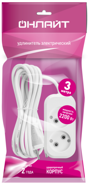 Удлинитель 2х3м без заземл. 10А IP20 90504 OPE-S-02-300-X-2х1 ОНЛАЙТ 90504